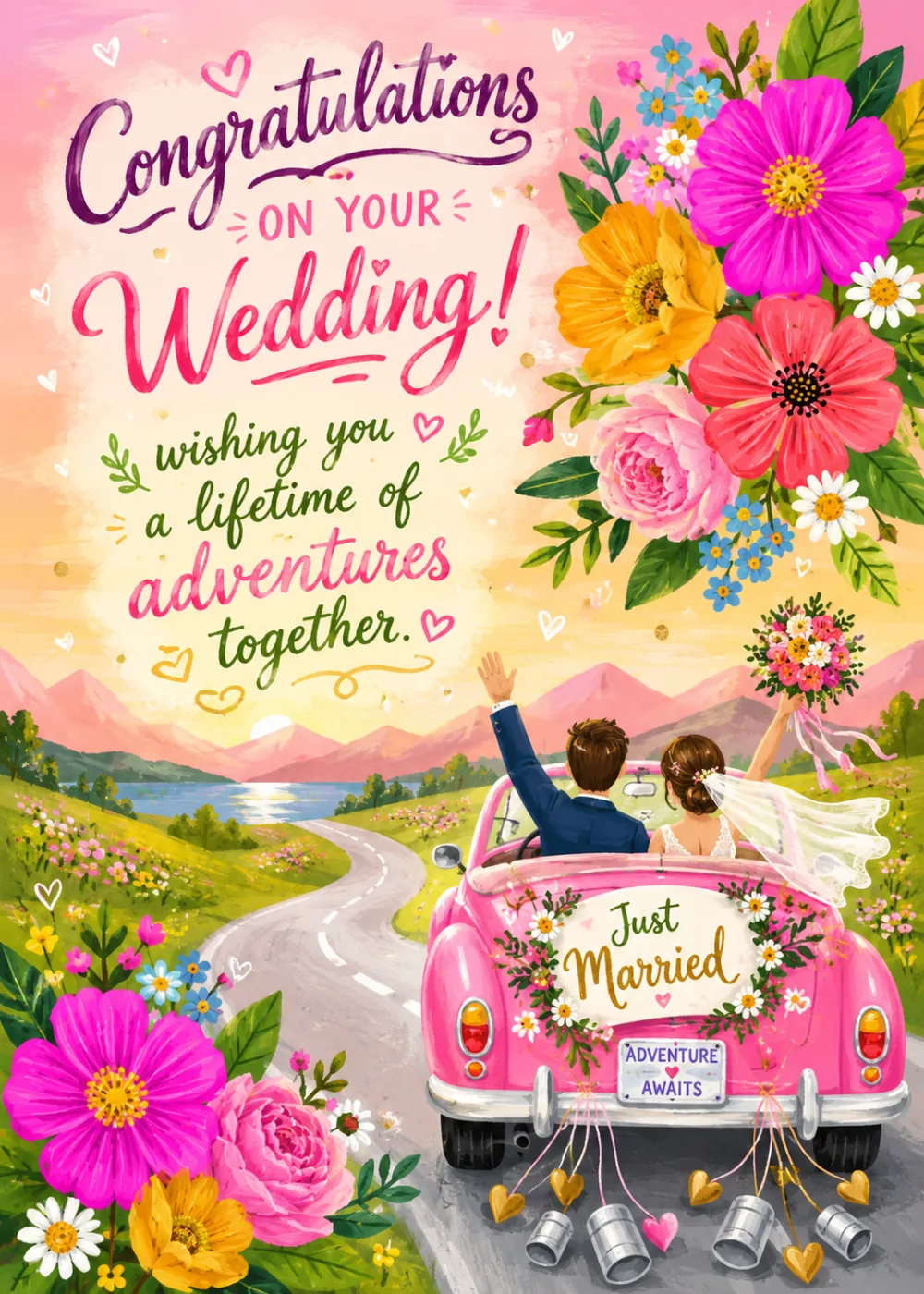 Flower-covered Just Married car on an open road at sunset, wedding congratulations card