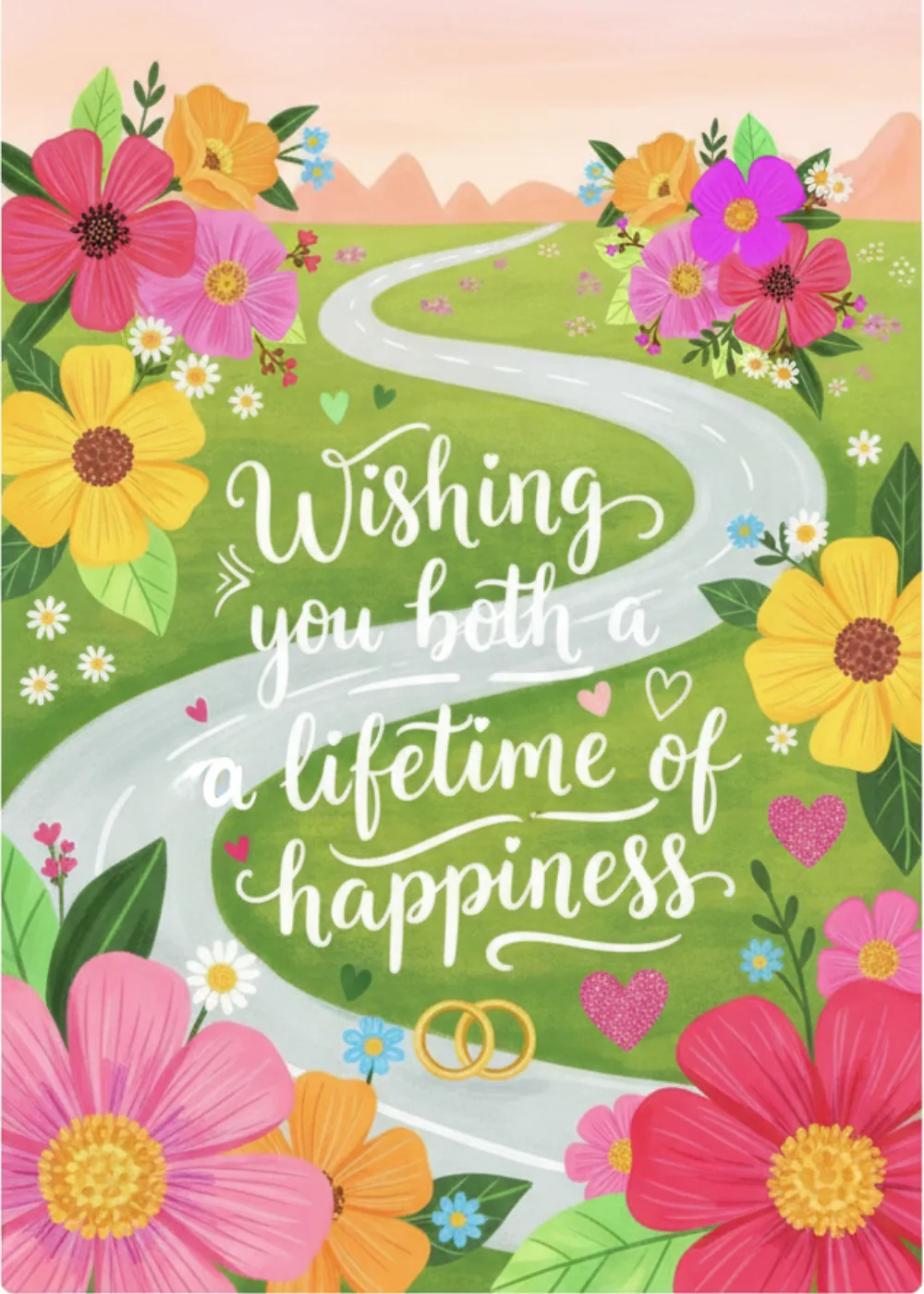 Wedding card with a winding wildflower path, gold rings, and a soft countryside landscape