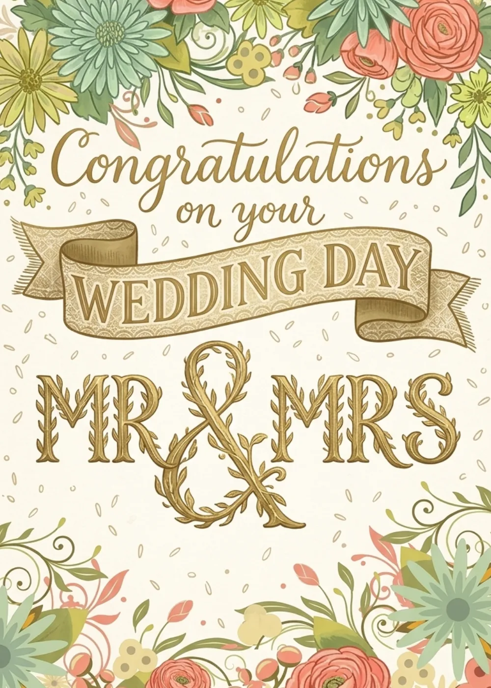 Classic wedding card with gold banner, decorative Mr and Mrs script, and floral botanical garlands