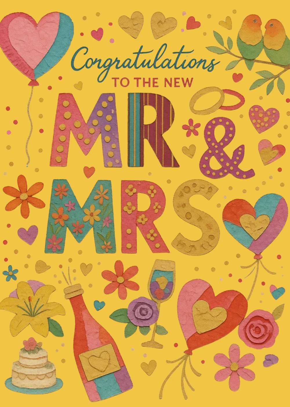 Bold Mr and Mrs lettering on gold with champagne, hearts, and colorful wedding details