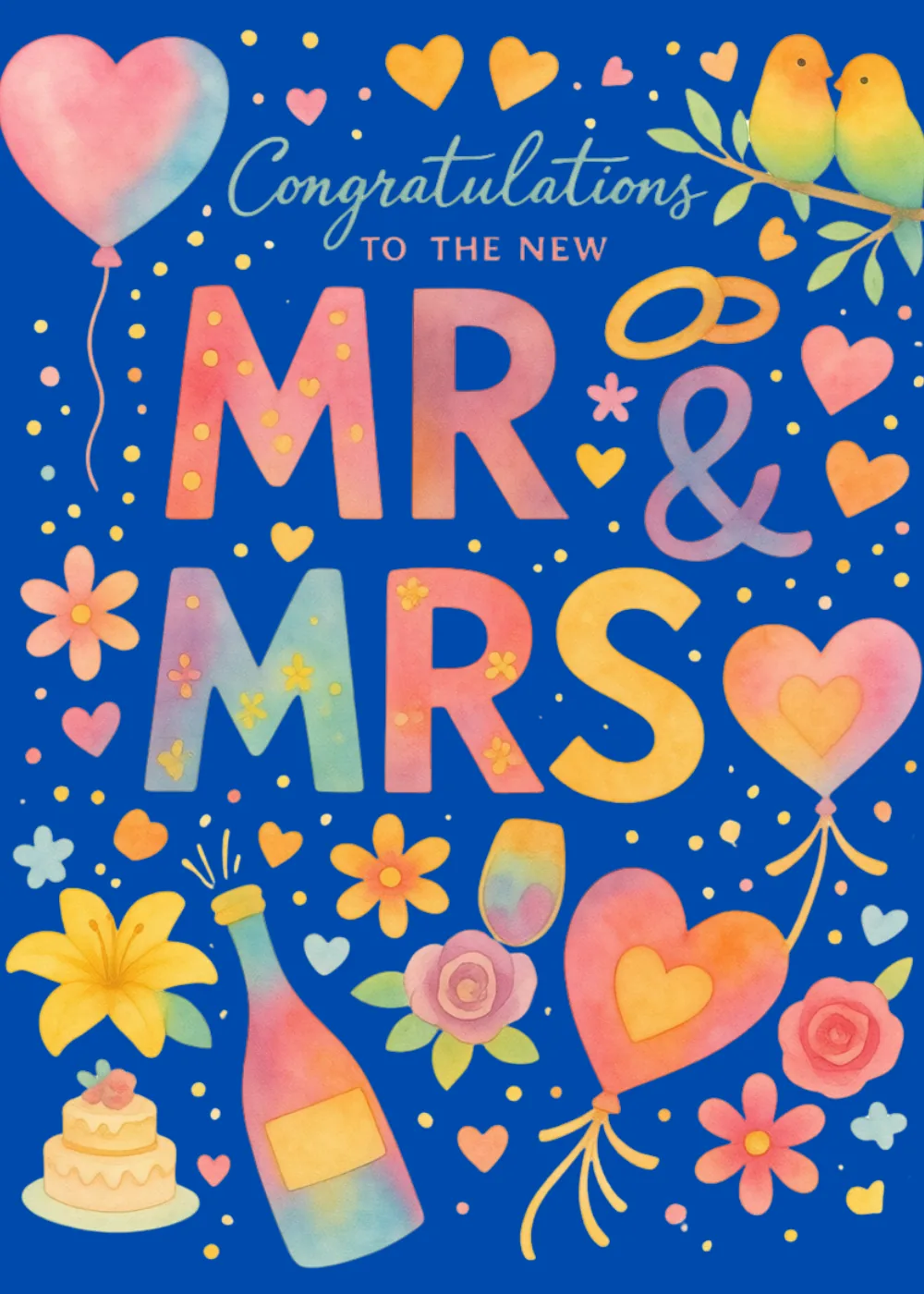 Bold colorful Mr and Mrs lettering on dark navy with lovebirds, champagne, and rings, wedding card