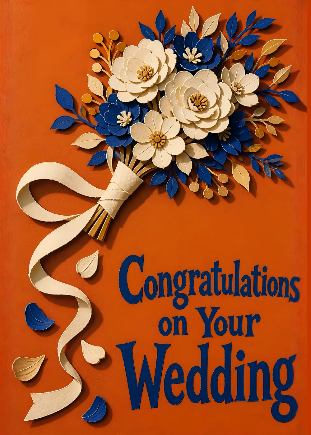 Paper-cut bouquet of cream and navy flowers on terracotta, Congratulations on Your Wedding text