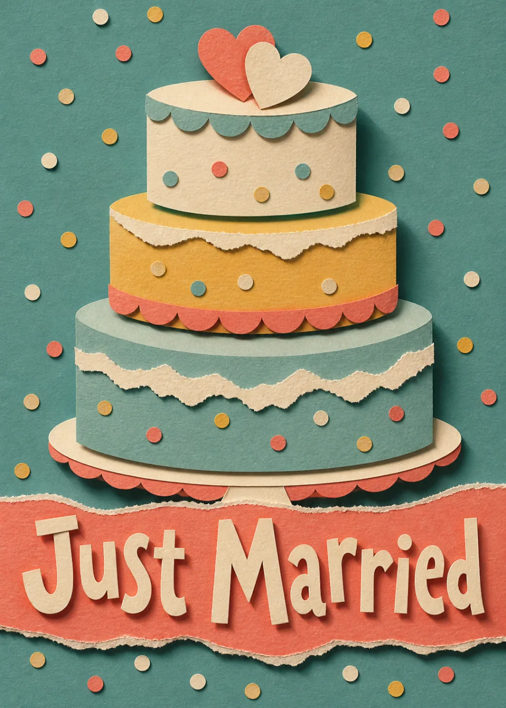Paper-cut three-tier wedding cake with hearts and confetti on teal, Just Married banner