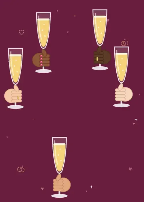 Animated champagne flutes held by different hands on burgundy with hearts and wedding rings