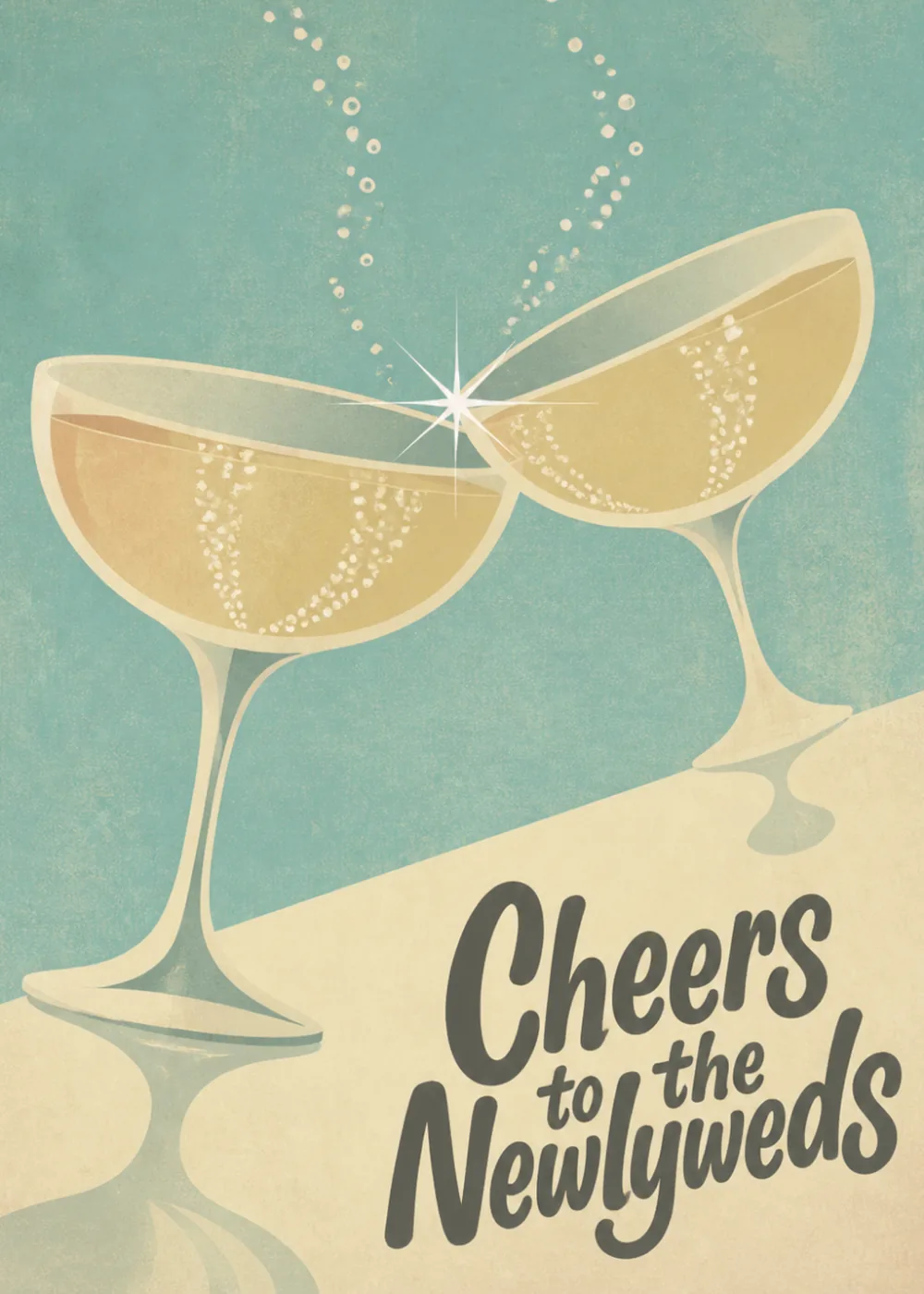 Vintage-style illustration of two golden champagne coupes clinking with sparkle, teal and cream palette Vintage-style illustration of two golden champagne coupes clinking with sparkle, teal and cream palette