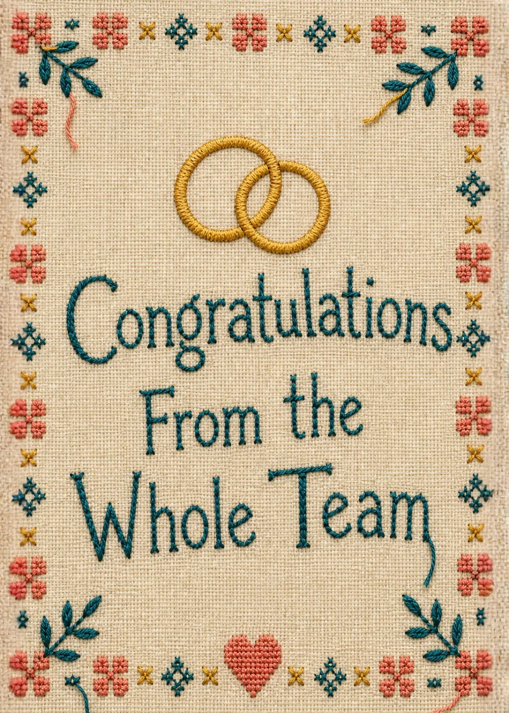 Cross-stitch style wedding card with gold interlocking rings, pink florals, and a stitched heart Cross-stitch style wedding card with gold interlocking rings, pink florals, and a stitched heart