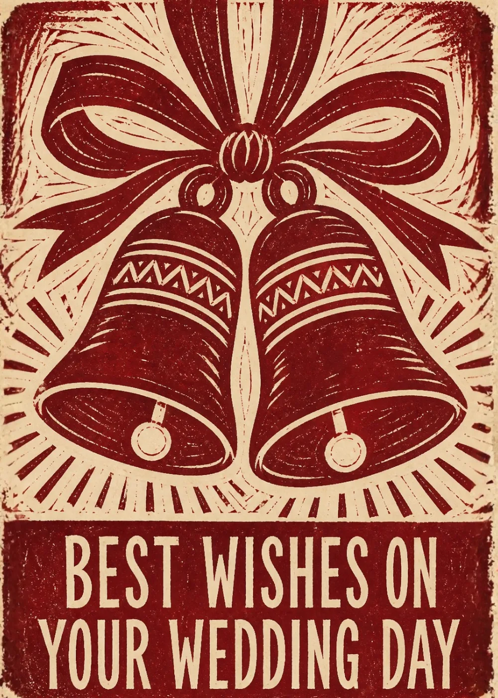 Bold red and cream woodcut-style wedding bells with ribbon bow and 'Best Wishes' text