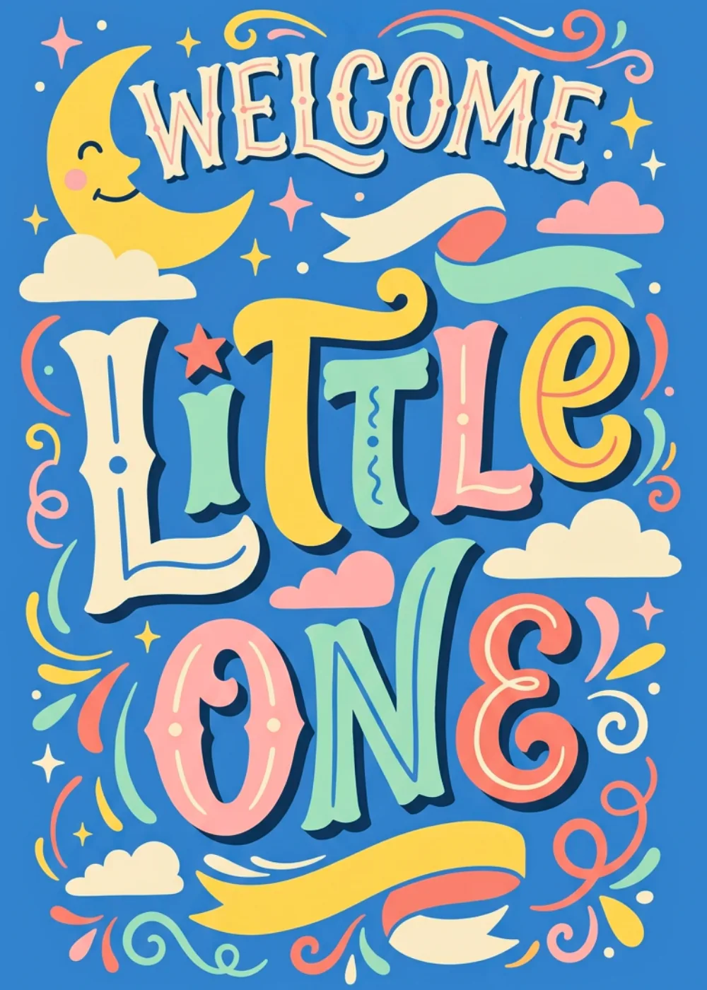 Smiling crescent moon and clouds with pastel Welcome Little One lettering on blue
