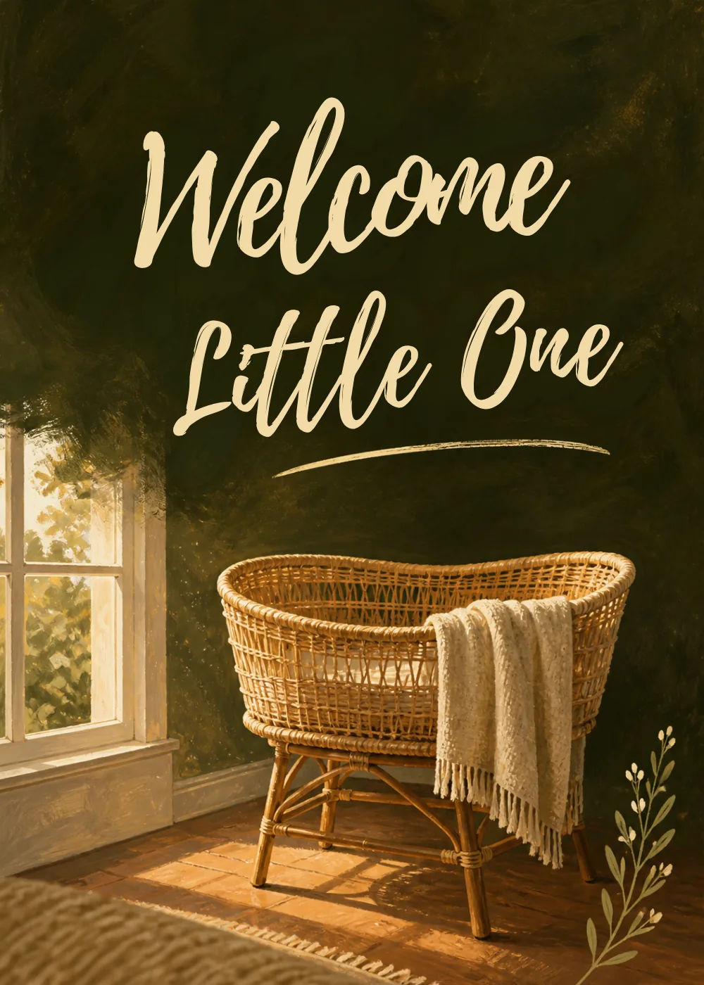 Wicker bassinet with soft blanket in a sunlit nursery corner beside elegant Welcome Little One script