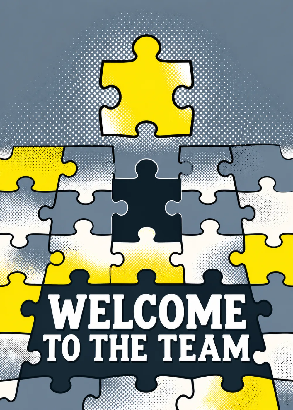 Bold pop art puzzle piece hovering above its empty spot in yellow, navy, and gray Bold pop art puzzle piece hovering above its empty spot in yellow, navy, and gray