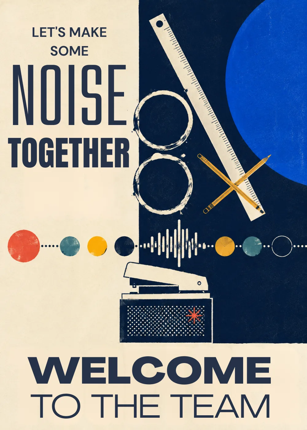 Retro poster with crossed ruler, pencils, and sound wave welcoming a new team member