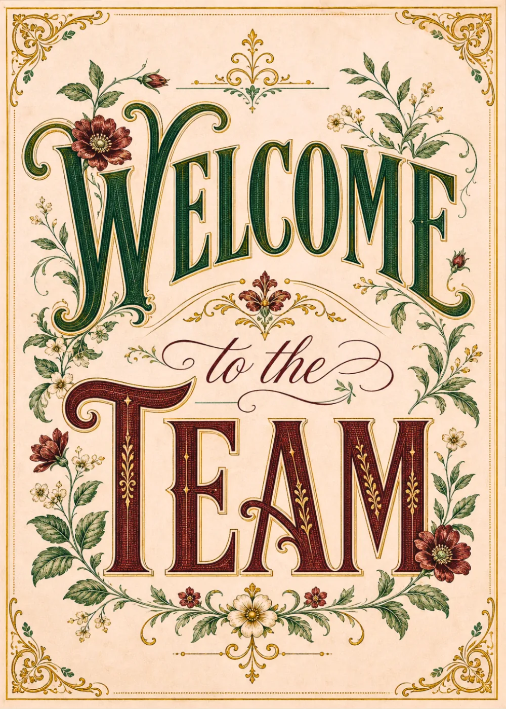 Ornate emerald and burgundy Welcome to the Team lettering framed by vintage florals Ornate emerald and burgundy Welcome to the Team lettering framed by vintage florals