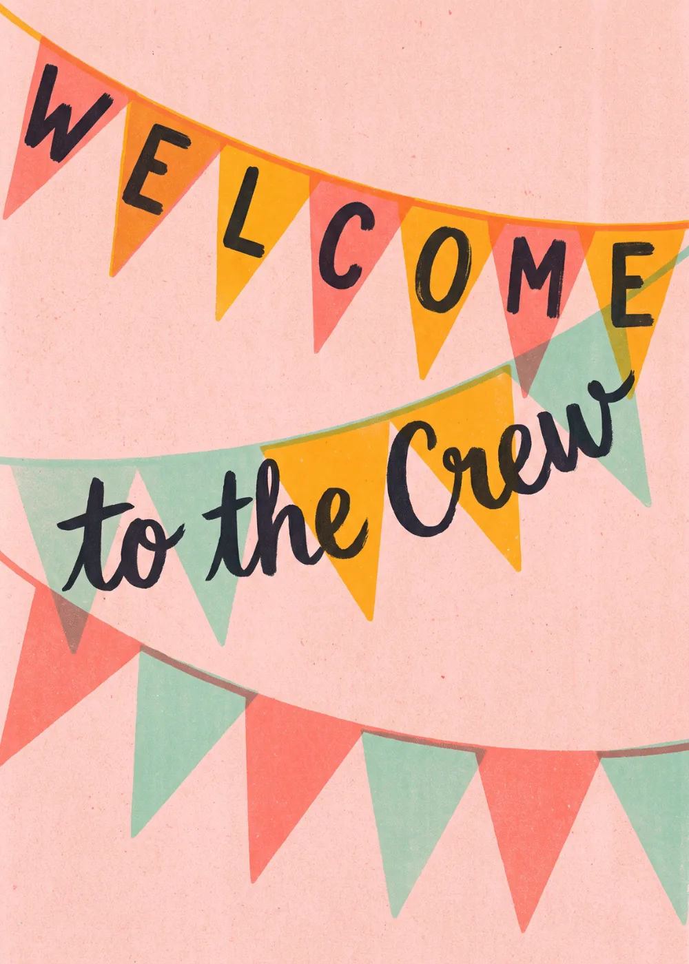 Pink welcome card with layered coral, mint, and gold pennant banners Pink welcome card with layered coral, mint, and gold pennant banners