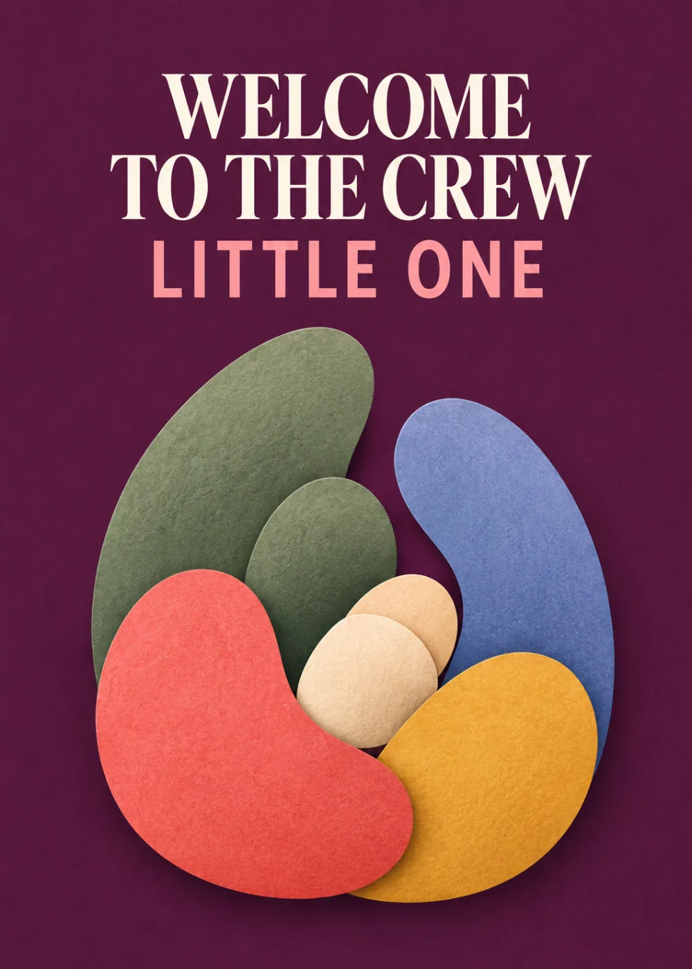New baby card with soft abstract pebble shapes in coral, sage, blue and gold hugging a small cream one on plum