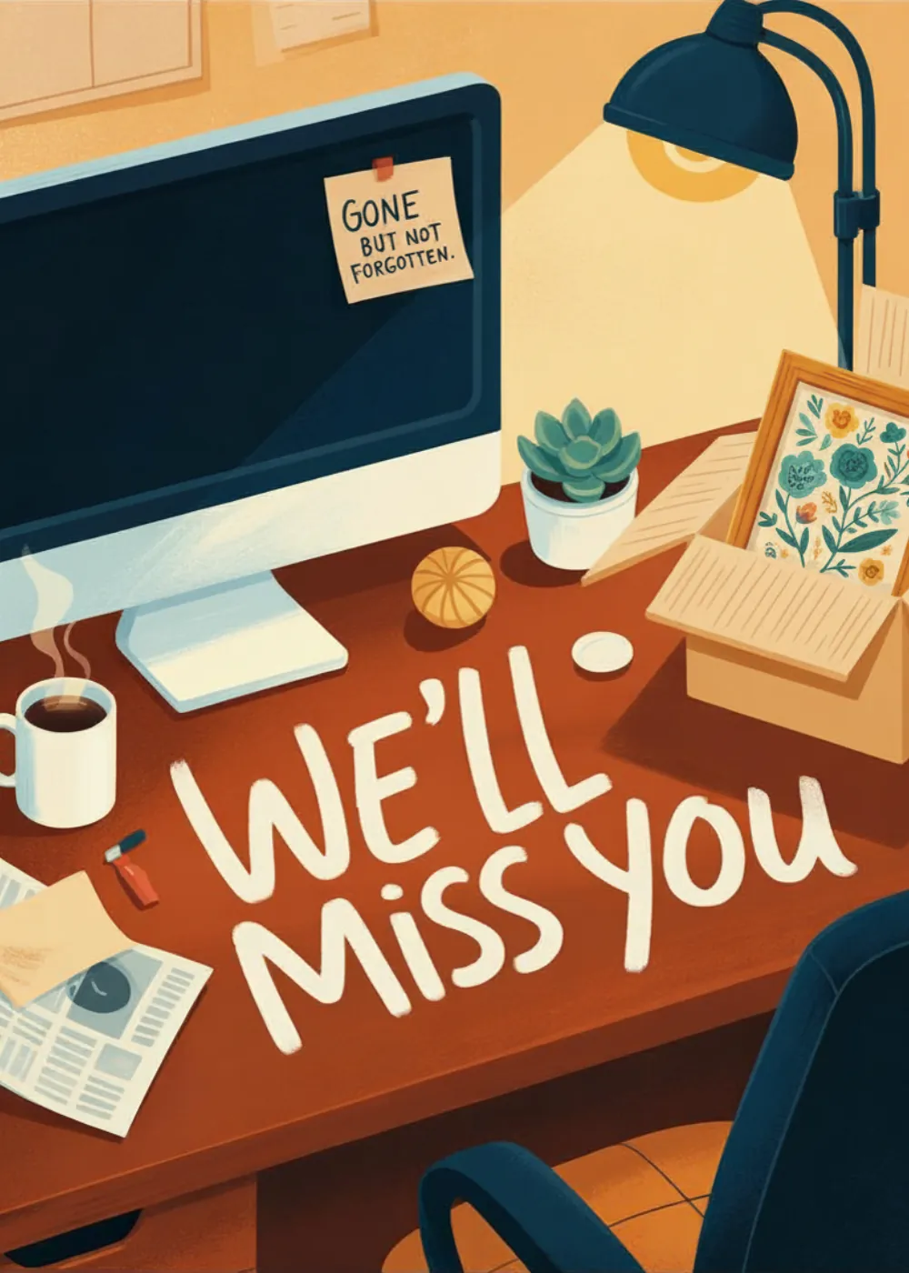 An illustration of an office desk with a computer and plants and the text We'll Miss You.