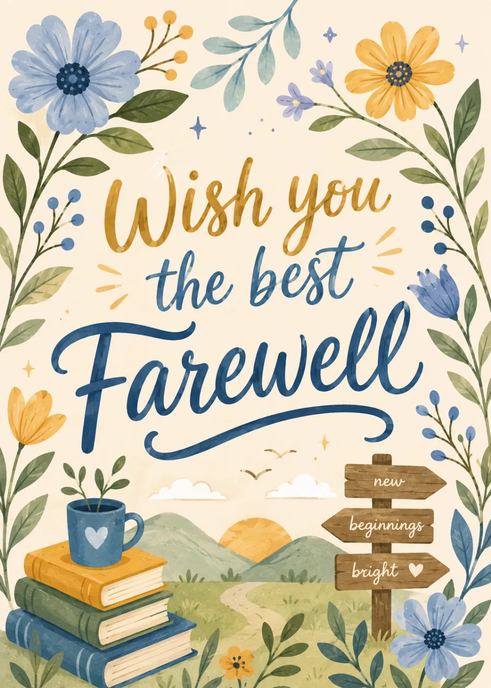 Blue and yellow flowers, books, and a signpost reading new beginnings around Farewell script