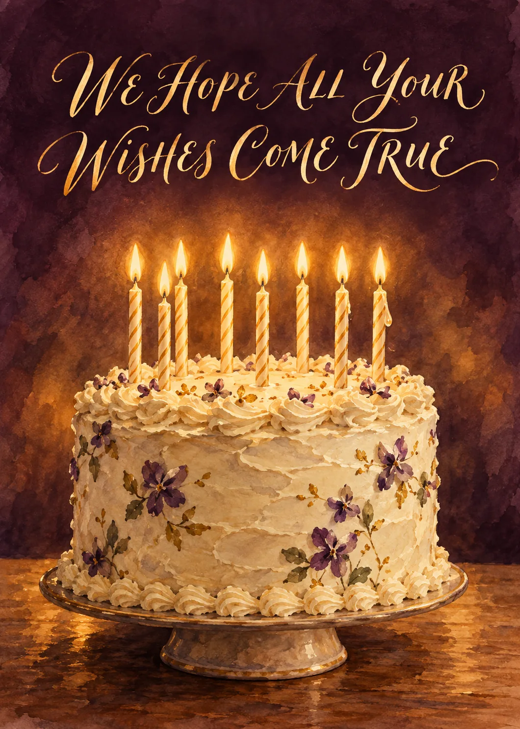 Painterly birthday cake with lit candles in plum and amber with script reading we hope all your wishes come true Painterly birthday cake with lit candles in plum and amber with script reading we hope all your wishes come true
