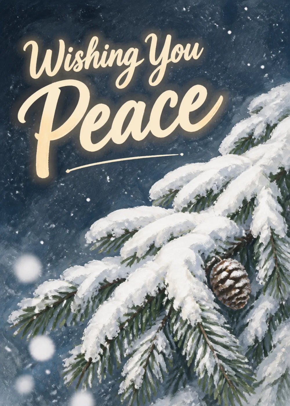 Snow-covered pine bough with a pinecone glowing beside Wishing You Peace script on a starry night sky
