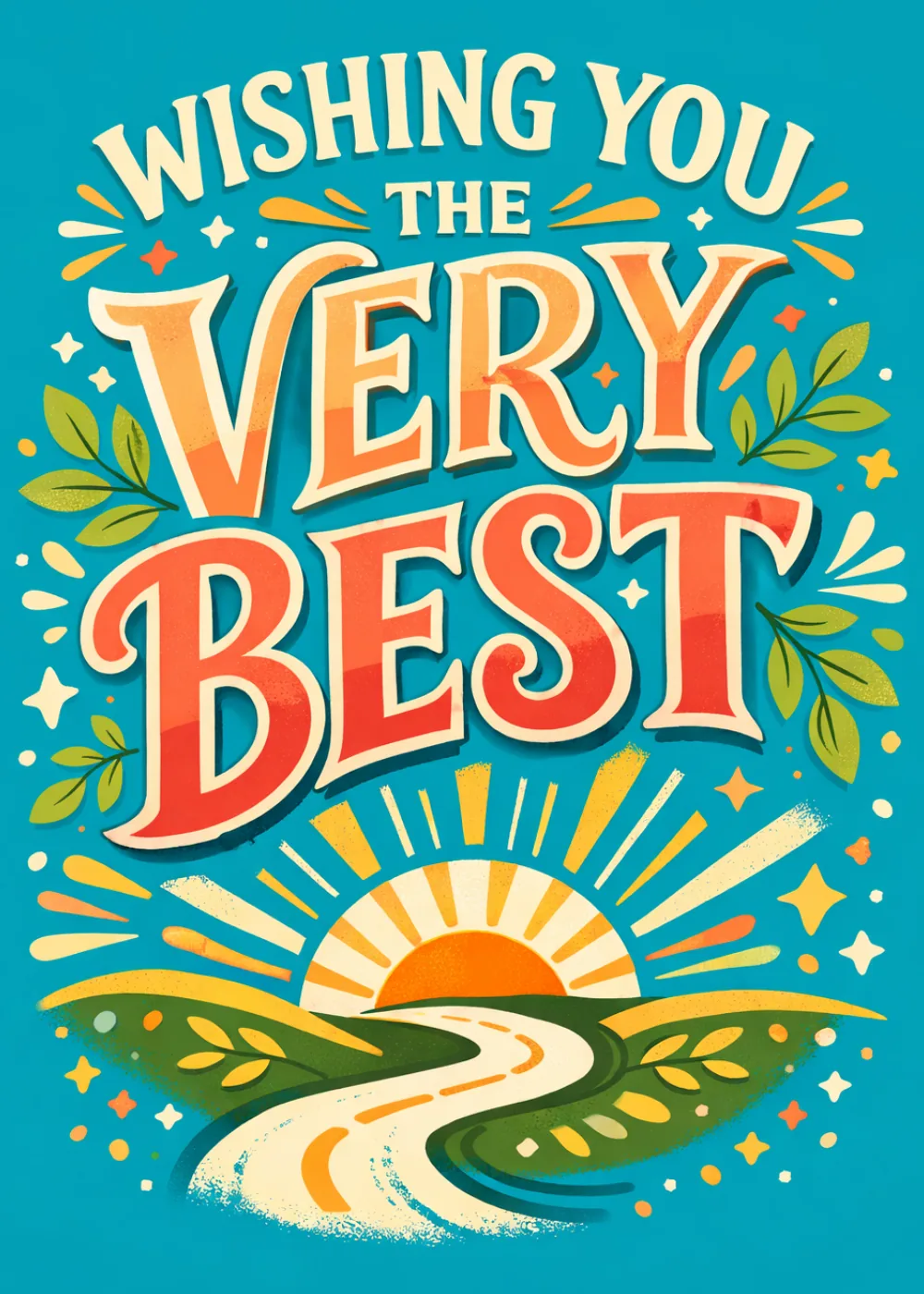 Sunrise over a winding road through green hills with Wishing You The Very Best lettering