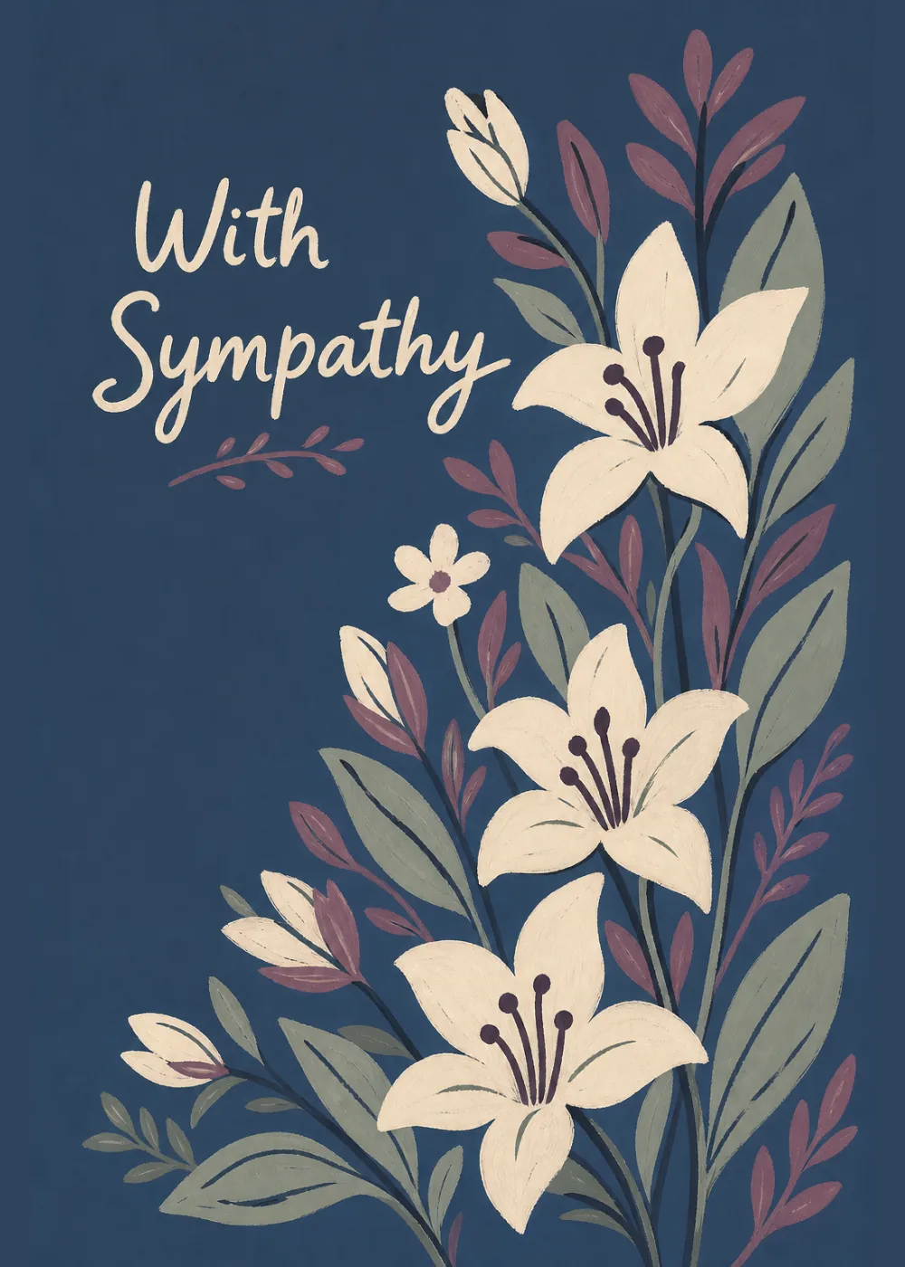 Stylized white lilies with sage and burgundy leaves beside With Sympathy script on dusty blue