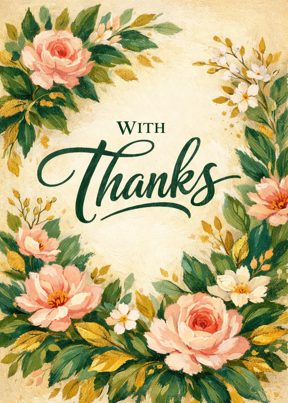 Painted peach roses and green foliage circling With Thanks script on antique cream