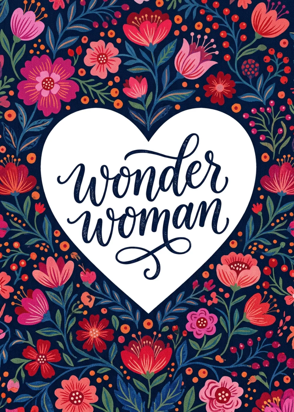 Wonder woman script inside a white heart on a navy floral pattern for an appreciation card