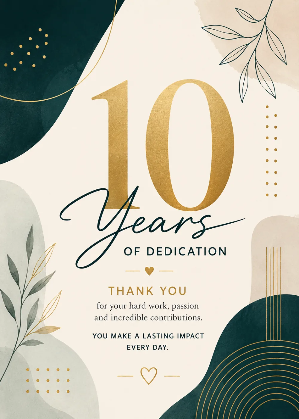 10 years dedication work anniversary card with bold gold numeral and botanical abstract design