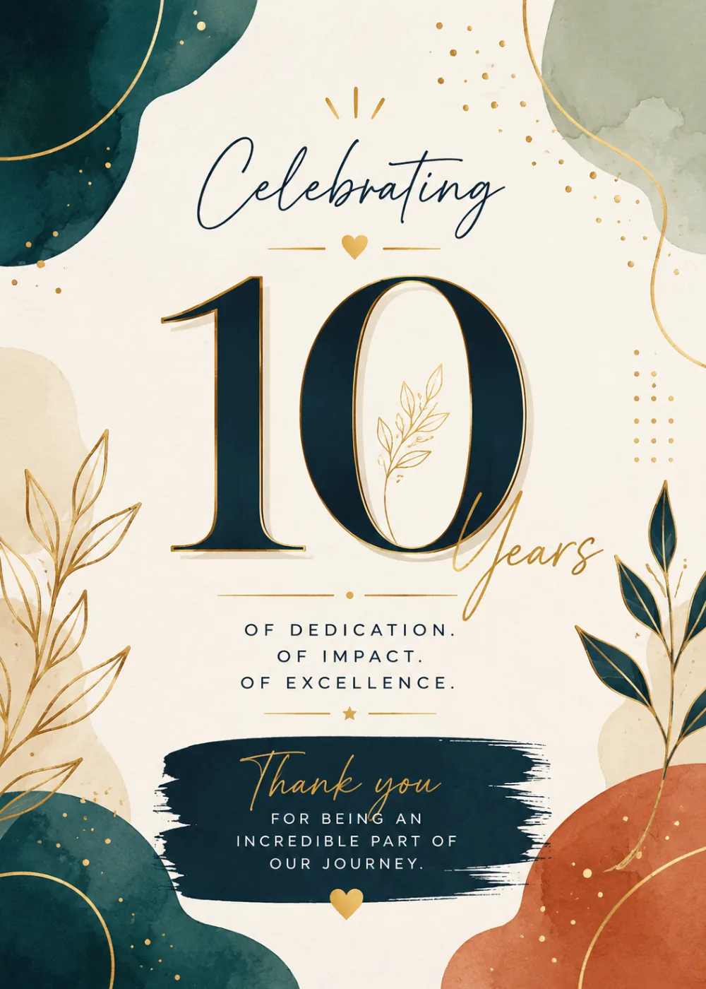 10 years dedication work anniversary card with bold numeral and teal abstract botanical design