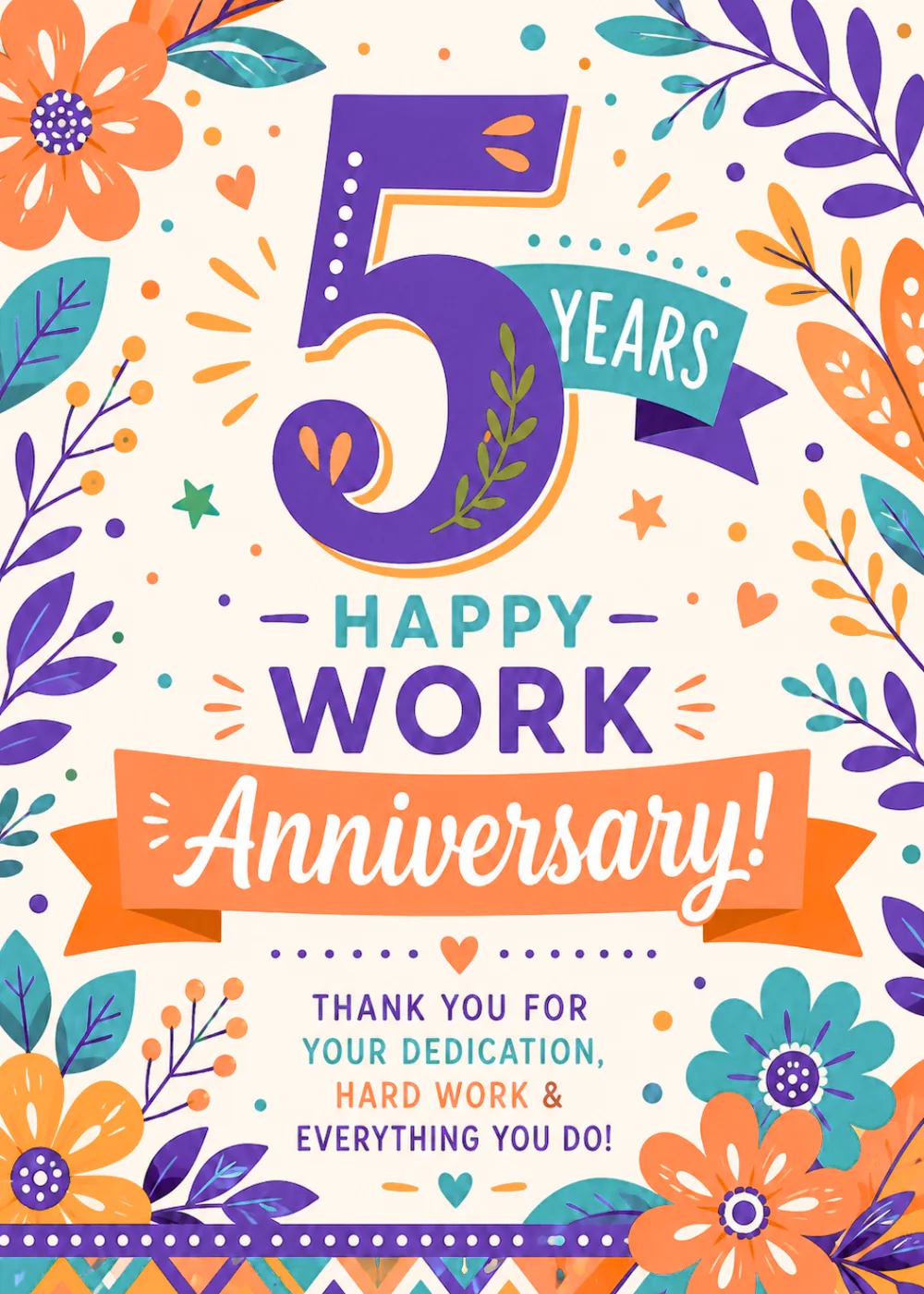 5 Years Happy Work Anniversary card with bold purple numeral and colorful hand-drawn florals