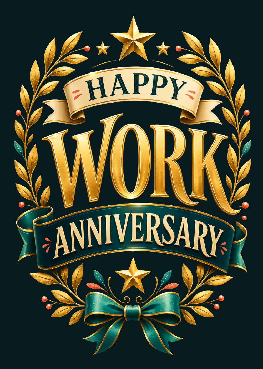 Gold laurel wreath and teal ribbon banners framing Happy Work Anniversary lettering