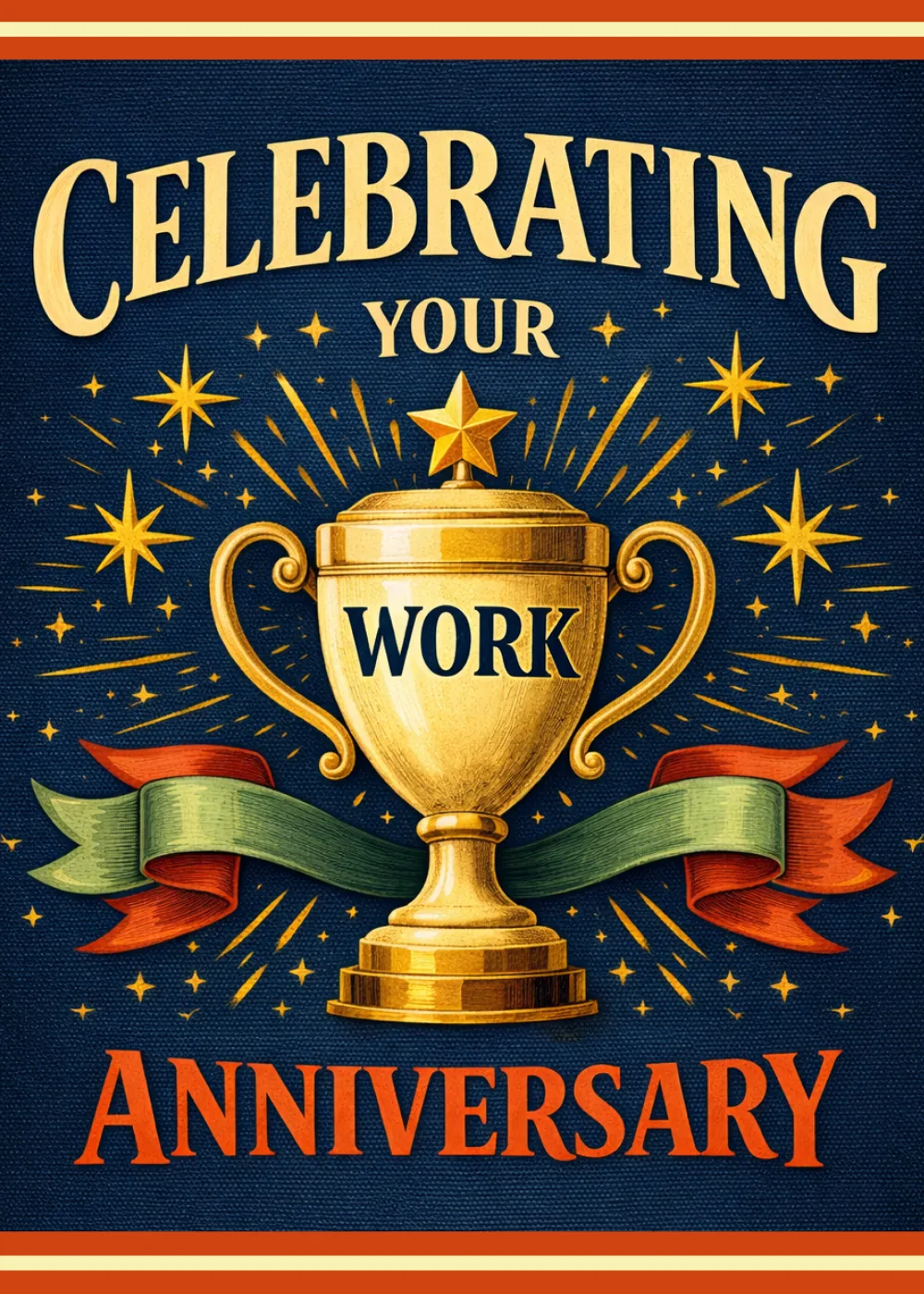Gold trophy with a star and ribbons on navy celebrating a work anniversary