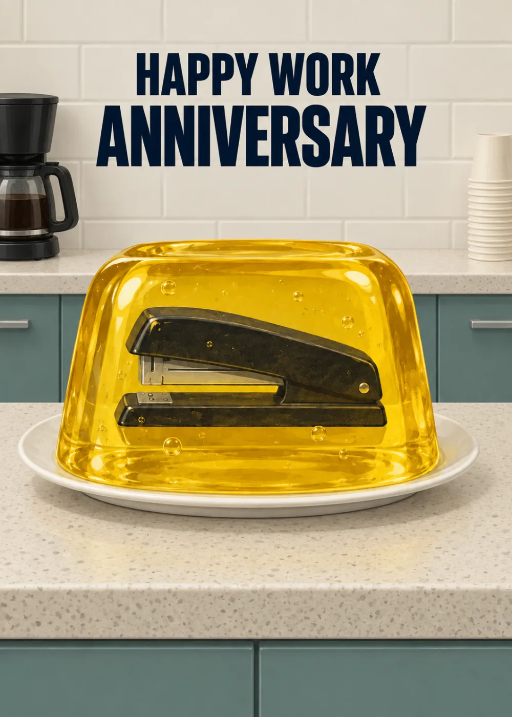 Stapler trapped in yellow jello on a plate beside a kitchen coffee maker Stapler trapped in yellow jello on a plate beside a kitchen coffee maker