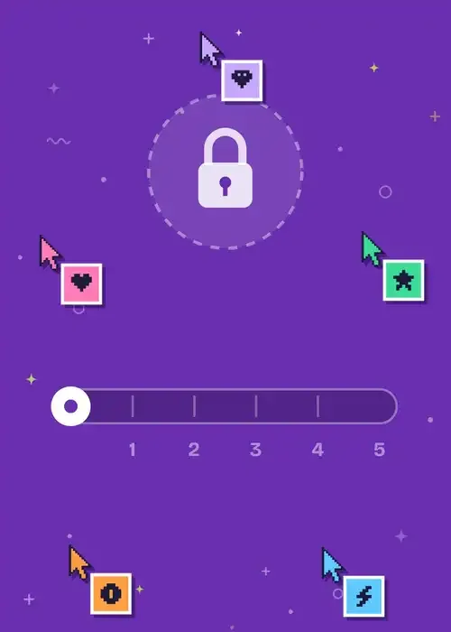 Animated padlock unlocking above a year progress bar on vivid purple with cursors