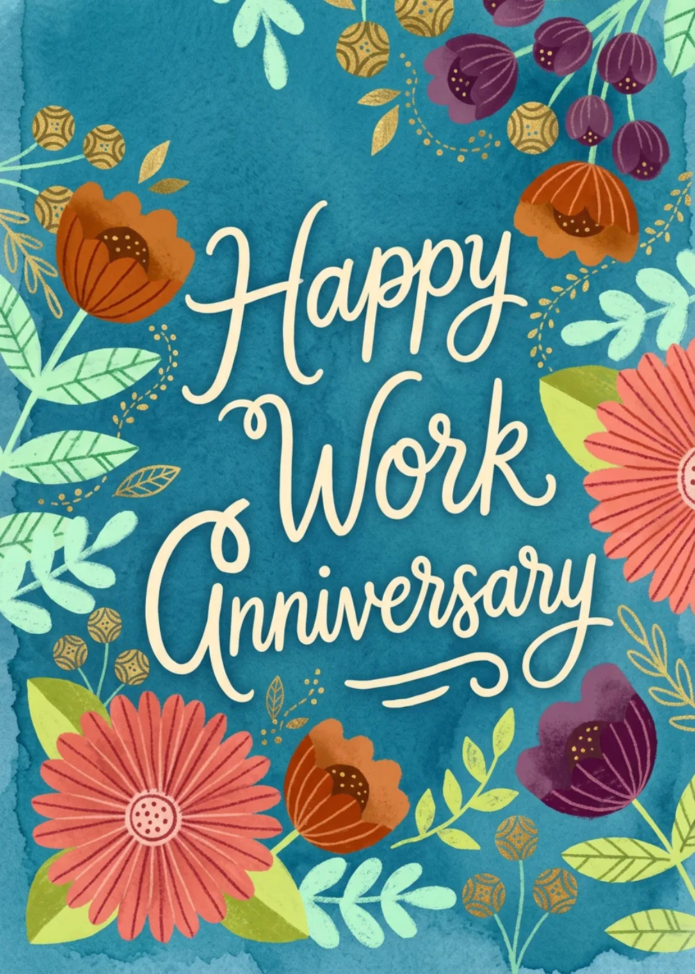 Teal watercolor card with painted poppies and daisies and cream script happy work anniversary