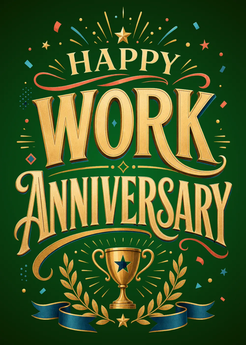 Ornate gold Happy Work Anniversary lettering above a star trophy in a laurel wreath