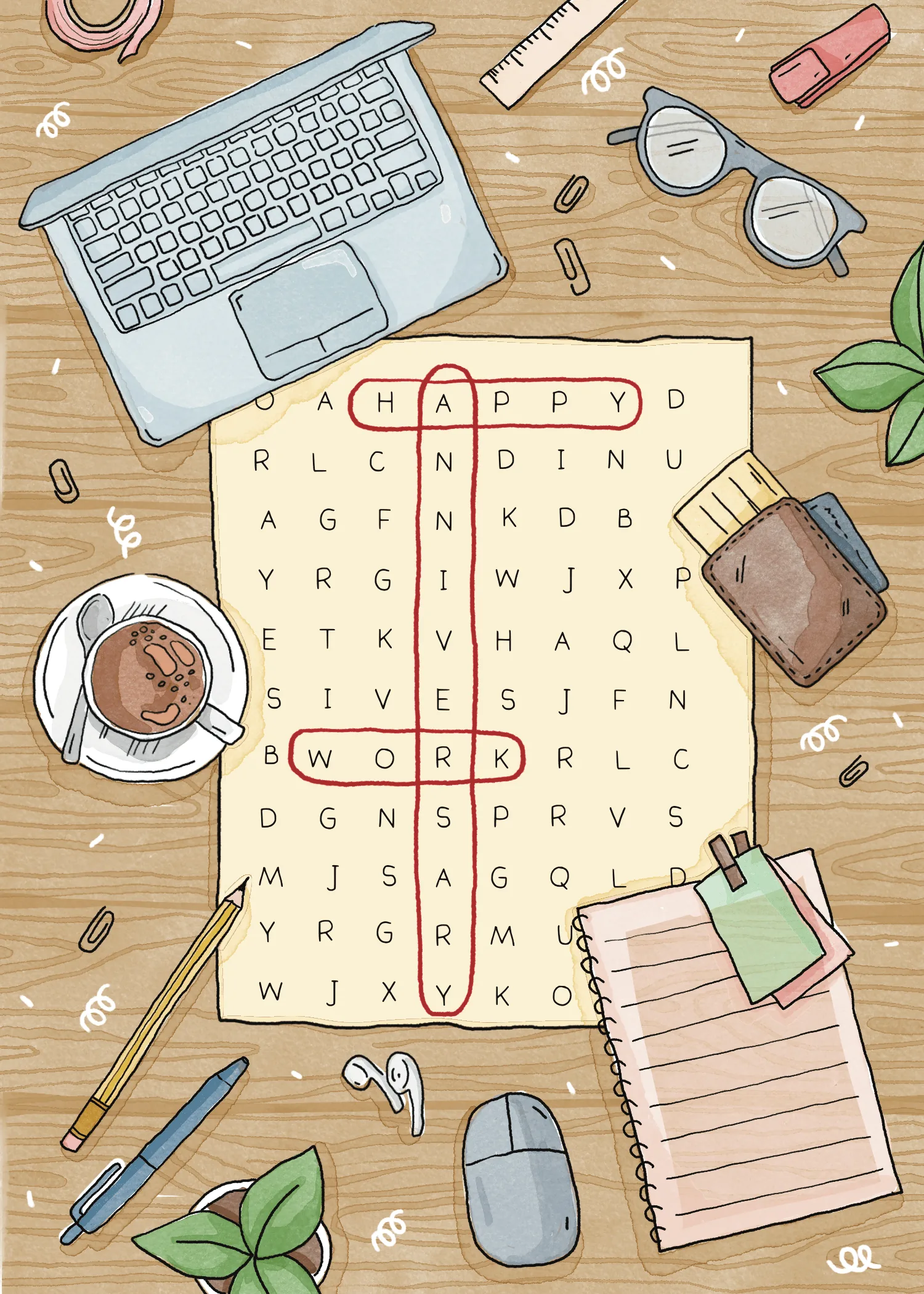 Illustrated desk flat lay with a word search puzzle spelling Happy Work Anniversary in red circles