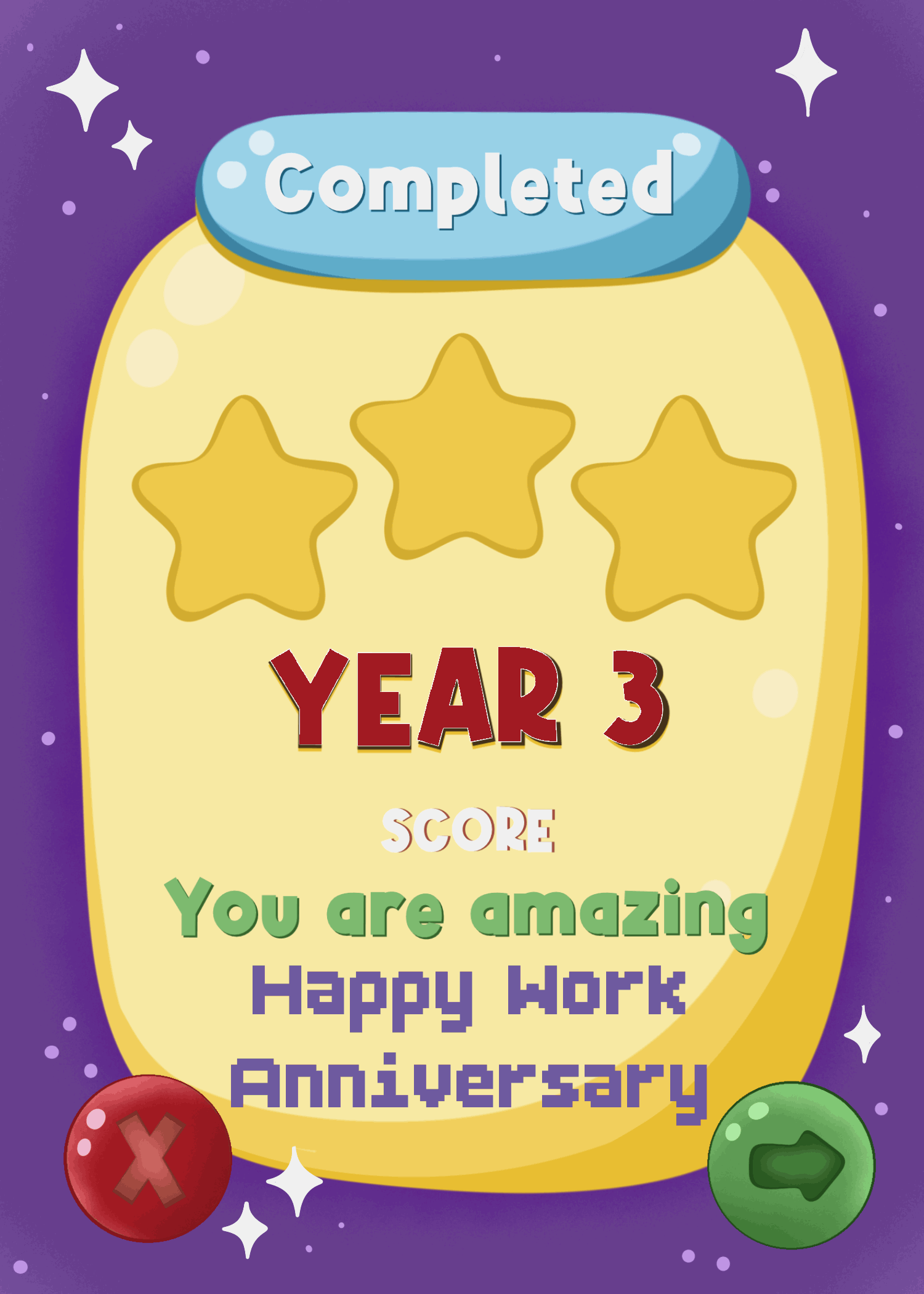 Purple retro game card with three stars, a Year 3 score screen and a Completed banner for a work anniversary