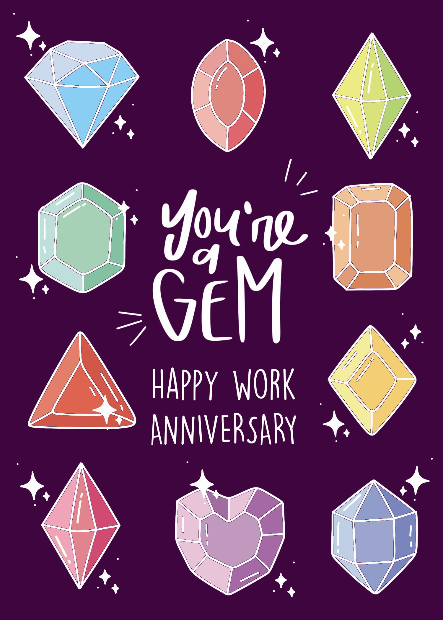 Deep purple card with colorful cut gems around lettering reading You're A Gem, Happy Work Anniversary