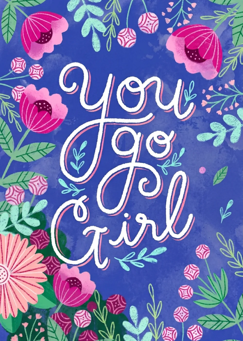 Congratulations card with white script lettering on cobalt blue framed by bright pink flowers