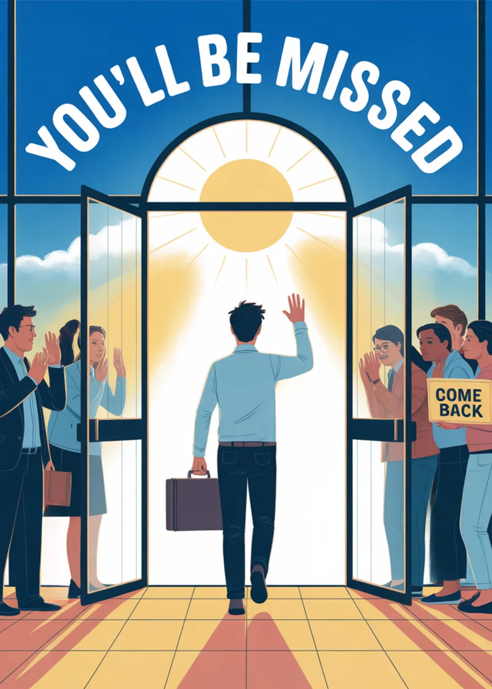 A person walking out of a bright office door with the text You'll Be Missed.