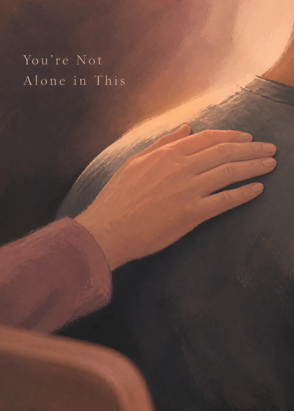 Close-up painting of a comforting hand resting on a shoulder in warm earthy tones