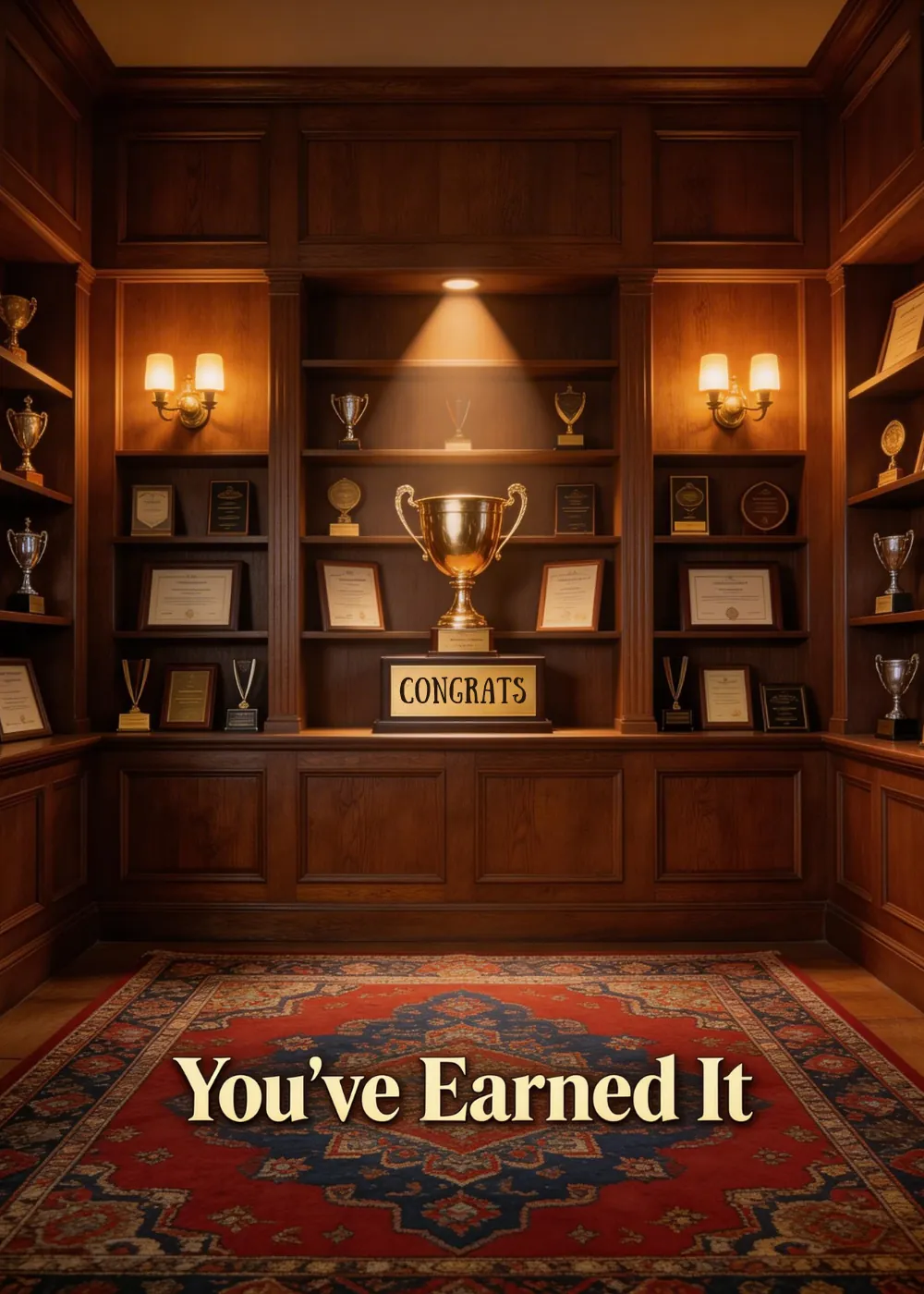 Congratulations card with photo realistic trophy room awards and You've Earned It bold message